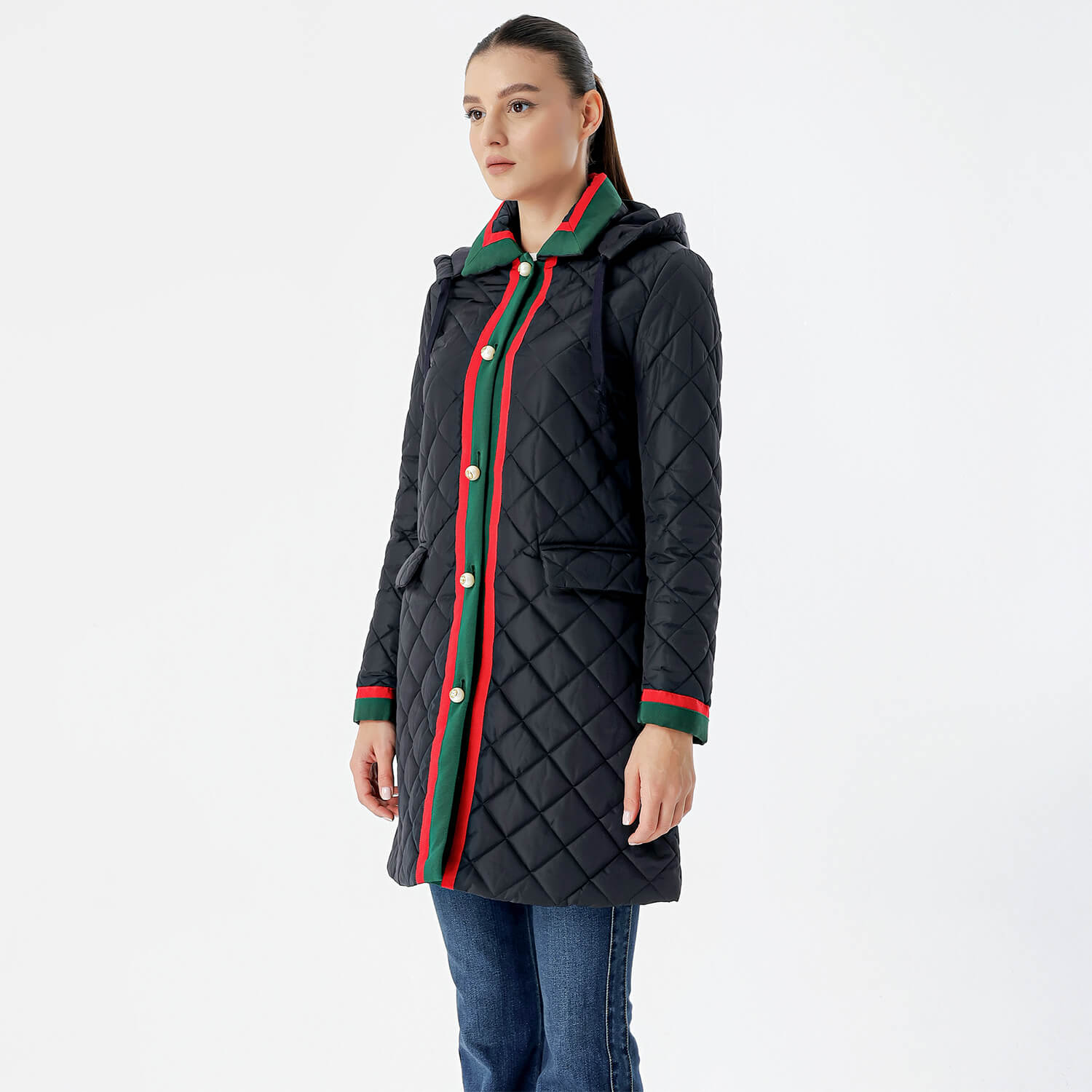 Gucci - Black Quilted Web Striped Nylon Hoodie Long Coat